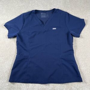 Figs Scrub Top Shirt Workwear Navy Blue Side pockets v neck short sleeve women L